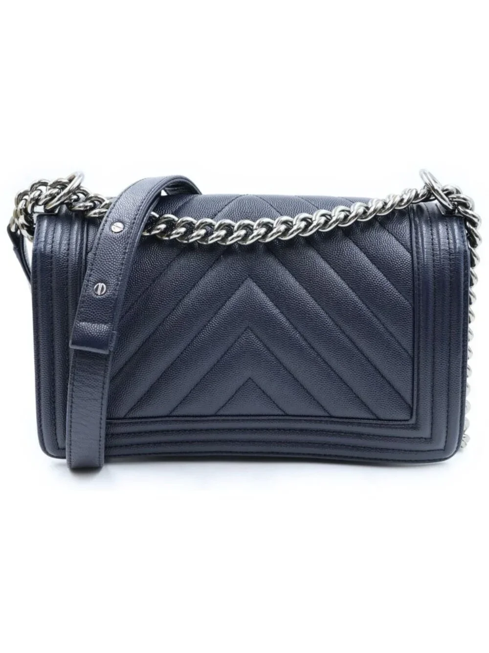 Chanel Boy Chevron V-Stitch Caviar Leather Silver Chain Shoulder Bag Navy